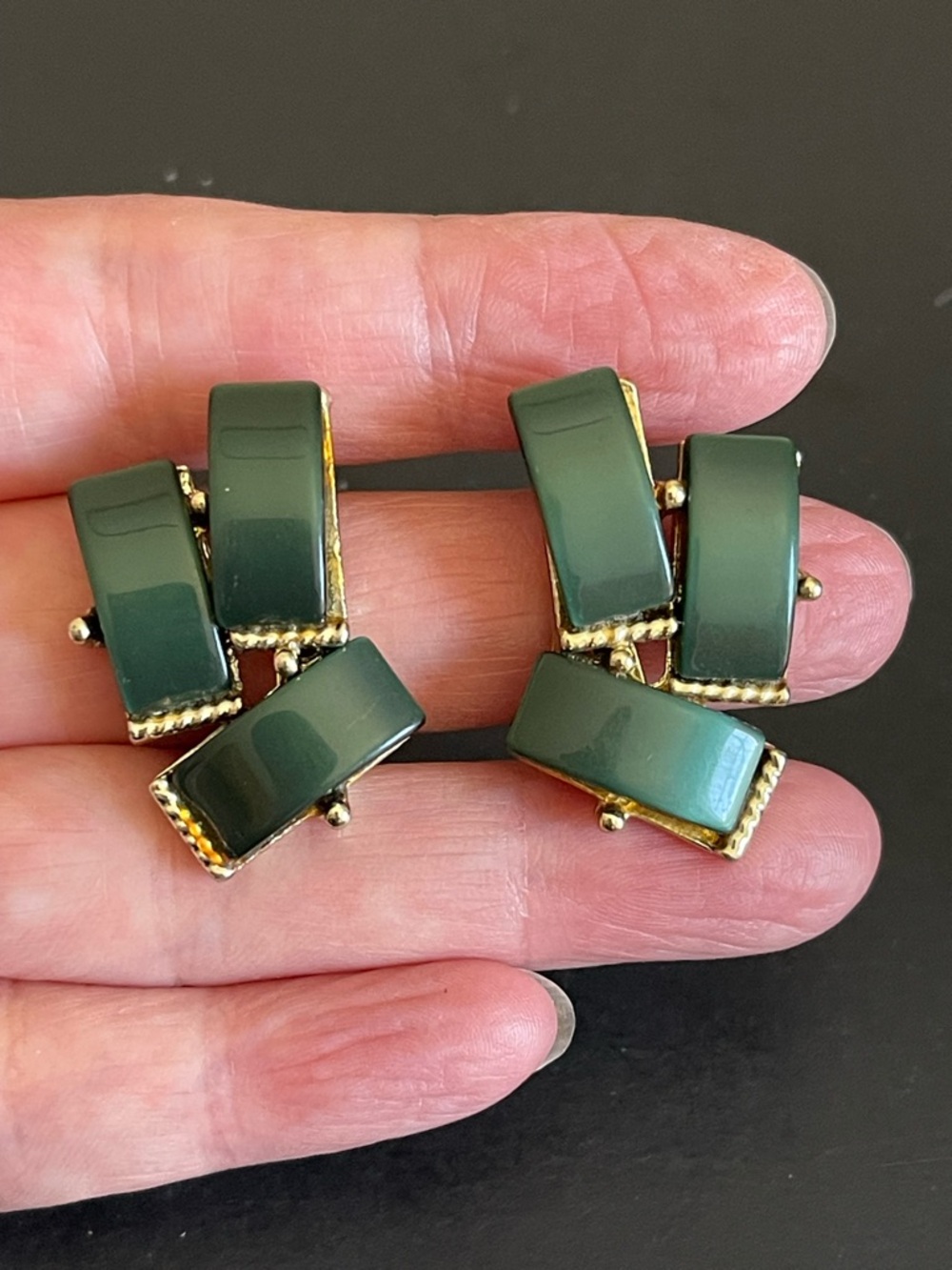 Vintage Gold-Tone Dark Green thermoset Clip on Earrings